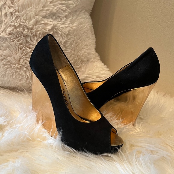 Sergio Zelcer Open Toe Black Velvet Wedge with Red Sole - Picture 1 of 10